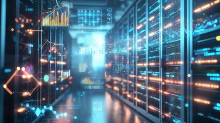 A futuristic data center with rows of glowing servers processing scientific research, surrounded by floating graphs of technological advancements and business development strategies