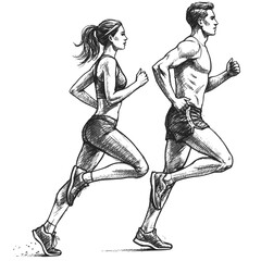 Fototapeta premium Running man and woman, isolated vector charcoal silhouettes. Run, side view. Charcoal sketches of athletic looking male and female runners running. Transparent PNG version.