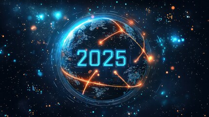 A futuristic digital globe rotating in space, with the number "2025" and glowing pathways leading to different parts of the world, symbolizing global goals and connections for the new year