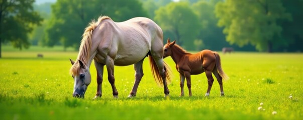 Mare grazing in lush green pasture with foal nearby, Mare, Peaceful Scene
