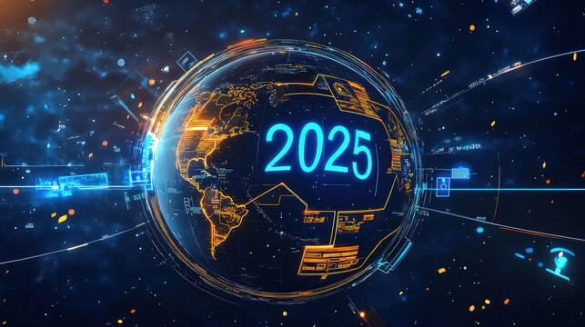 A futuristic digital globe rotating in space, with the number "2025" and glowing pathways leading to different parts of the world, symbolizing global goals and connections for the new year