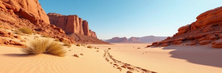 Rocks and sand mingle in the desert landscape, Rock Formations, Sandy Ground, Rocky Terrain
