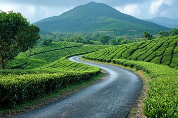 Winding road through lush green tea plantations in a mountainous region