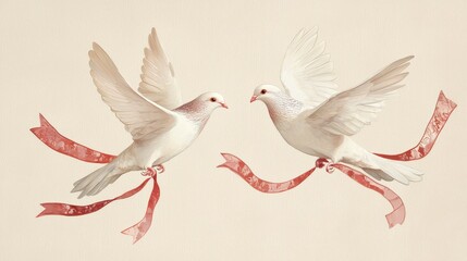 Obraz premium Elegant Doves with Flowing Ribbons in Flight