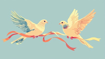 Obraz premium Elegant Doves with Flowing Ribbons in Flight