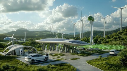 A futuristic eco-friendly vehicle charging station powered by wind turbines and solar panels, with electric cars connected to a green energy grid that spans the landscape