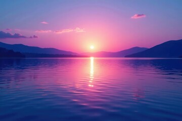 Shimmering blue purple and white gradient sunset on a calm lake, ripples, clouds, reflection