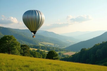 Fototapeta premium Silvery balloon floats above the landscape with trees and hills, peaceful, colors, countryside