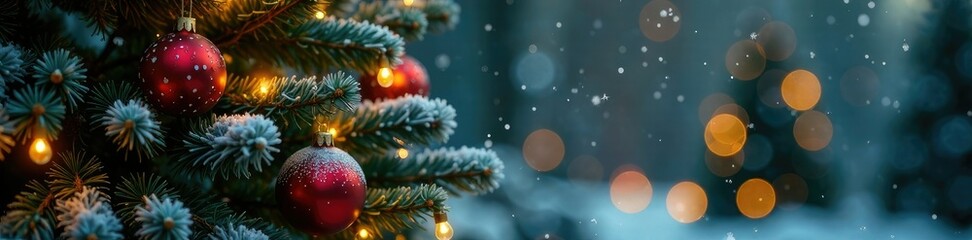 Frosted fir tree with Christmas lights and decorations, evergreen, ornaments, festive atmosphere