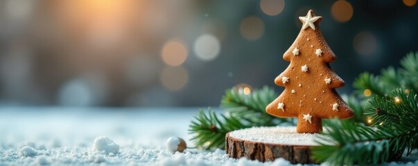 Gingerbread fir tree on a wooden branch with a soft focus background, Seasonal, Festive, Winter Wonderland