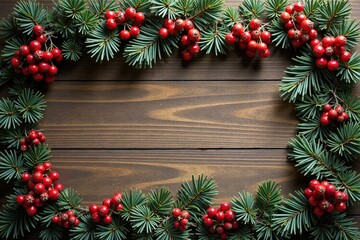 Sparkling silver garland with festive berries on a wooden background, festive, wooden