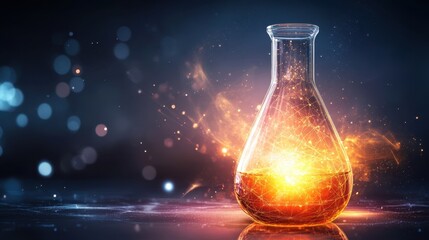 Glowing Chemistry Flask with Abstract Network on Dark Background