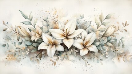 Elegant Watercolor Floral Arrangement with Soft Tones and Leaves