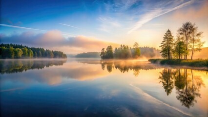 Fototapeta premium High-angle shot of a tranquil lake at dawn with mist rising from the water and a few trees reflected in its surface, forest, water