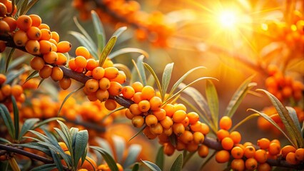 Long Exposure Photography of Vibrant Sea Buckthorn Berries and Branches at Sunset