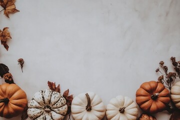 Autumn Pumpkins and Leaves on Rustic Background for Seasonal Decoration