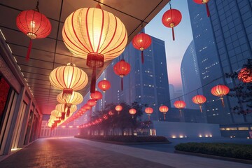 Obraz premium air balloon with Chinese pattern, gold hanging lantern. Modern luxury oriental illustration for cover, banner, website, envelope.