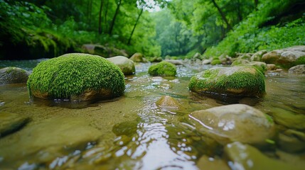 Serene Stream Surrounded by Lush Greenery and Mossy Rocks