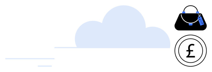 Cloud in background, shopping bag with tags, currency symbol representing British pound. Ideal for online shopping, e-commerce, digital transactions, finance, retail, cloud computing internet
