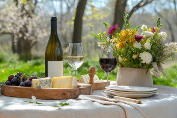 Glasses of red and white wine are ready to be enjoyed at a romantic picnic setting with cheese, grapes, and spring flowers