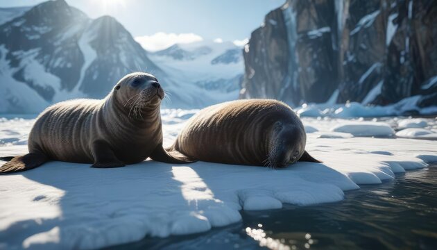 Seal's fur glistening in the sunlight near a glacier's edge , marine mammal, sunlit fur, wildlife photography