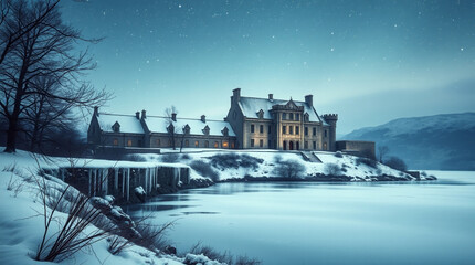 Snowy castle on hill against frozen lake in winter with copy space, evening time