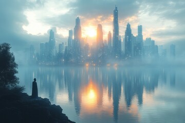 Fototapeta premium Mysterious figure gazes at a futuristic skyline reflected in tranquil waters during sunrise