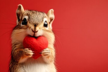 Promotion concept graphic layout. Chipmunk - my cherished animal. Cute chipmunk baby with fluffy red heart - sign of love, funny greeting card. Marketing concept. Romantic animals february.