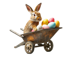 bunny delivering colorful eggs in rusty wheelbarrow, isolated on transparency background, brings whimsical and cheerful vibe to any spring celebration