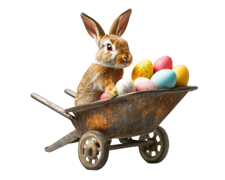 bunny delivering colorful eggs in rusty wheelbarrow, isolated on transparency background, brings whimsical and cheerful vibe to any spring celebration