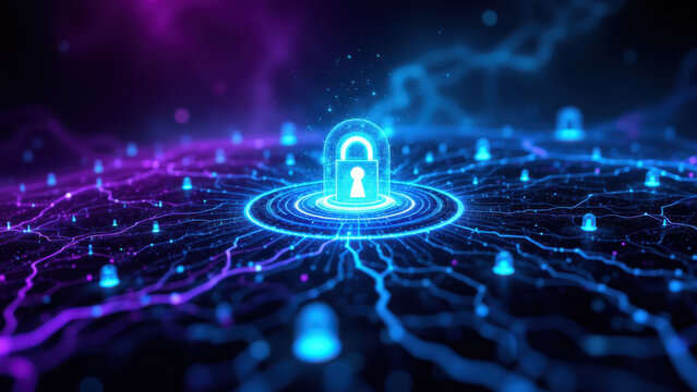 Blue and purple cybernetic background with a central lock, symbolizing internet security.
