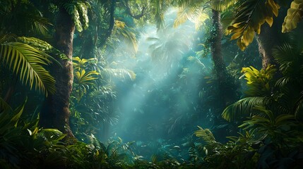 Enchanting sunlight shining through the lush verdant foliage of a tropical rainforest creating a magical and atmospheric scene  The dense green canopy filters the natural light casting a warm