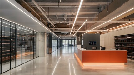 Fototapeta premium Modern Office Interior with Orange Reception Desk and Glass Walls