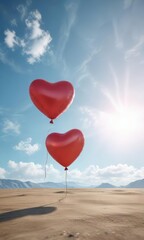 In the midst of a bright sunny day, a vibrant red heart-shaped balloon floats effortlessly, red heart, carefree, happy