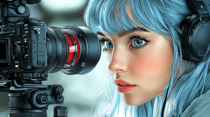 Young woman with blue hair operating professional camera wearing headphones