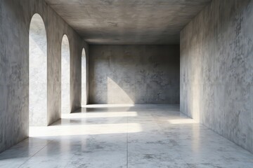 Spacious gray hall, minimalist design, blank wall, apartment, calm