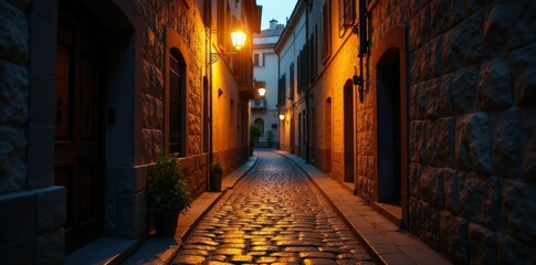 Naklejka premium Cobblestone passageway bathed in warm golden light from the single streetlamp above, streetlamp, alleyway