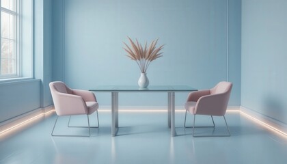 Two stylish pink chairs flank a sleek glass table under gentle lighting, set against a soothing pastel blue background that promotes tranquility in the space