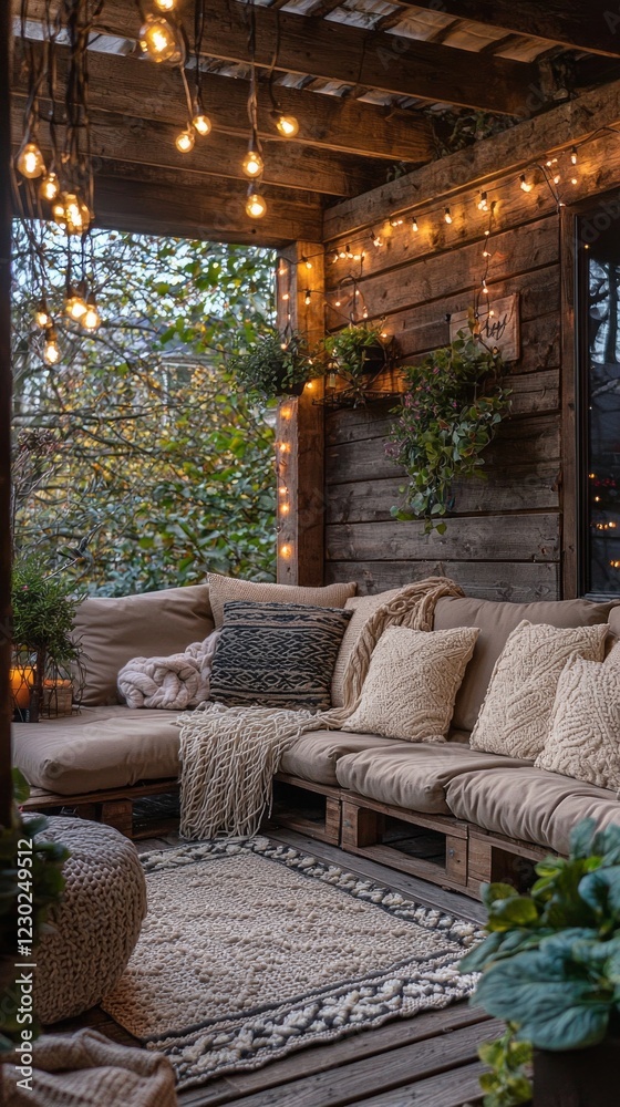 Poster a tranquil outdoor patio features comfortable seating adorned with soft pillows. twinkling string li