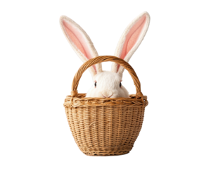 cute bunny with large ears peeks out from woven basket, creating delightful and playful scene perfect for Easter celebrations
