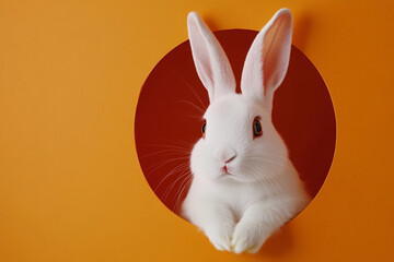 Obraz premium White rabbit peeking through a circular opening in orange