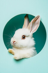 Fototapeta premium Cute white rabbit peeking through a circular cutout