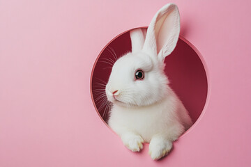 Obraz premium White rabbit peeking through pink round hole in wall