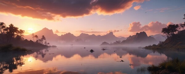 Lagoon landscape at sunset with fog and clouds creating a mystical ambiance, cloudy sky, lagoon water