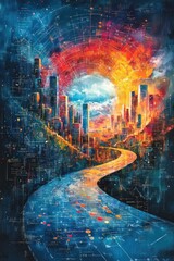 Futuristic city path vibrant sunset digital art