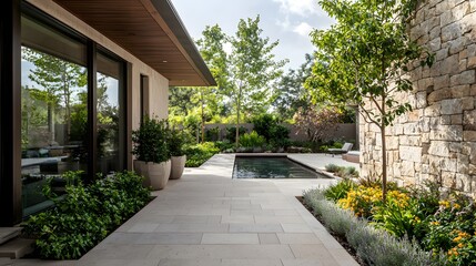 Obraz premium Stunning Contemporary Backyard Landscape with Lush Greenery Inviting Pool and Patio Elegant Stone and Wood Accents and Serene Park like Setting