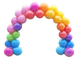 Colorful balloon arch in vibrant hues, perfect for celebrations and events. This cheerful decoration adds festive touch to any occasion, creating joyful atmosphere