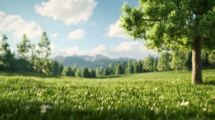 Expansive lush green meadow with towering trees and a distant mountain range under a partly cloudy sky creating a peaceful and serene natural landscape