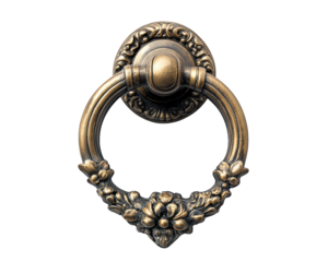 Antique door knocker with floral design, made of brass, isolated on transparency background. This elegant piece adds charm and character to any entrance