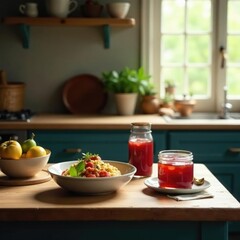 Cozy kitchen scene with rustic dinnerware and natural light, jam, cozy, tapenade